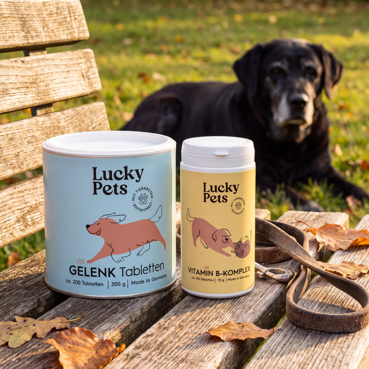 Gelenktabletten 300 g und Vitamin B-Komplex auf einer Gartenbank, dahinter ein alter schwarzer Labrador im Abendlicht
