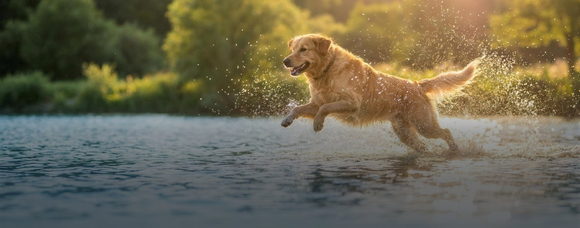 Golden Retriever springt in einen sonnigen See