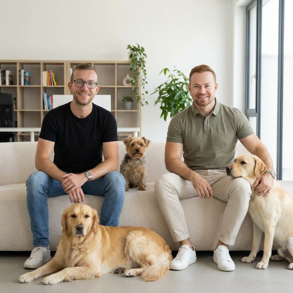 Christoph und Kevin, die Gründer von Lucky Pets, mit ihren Hunden