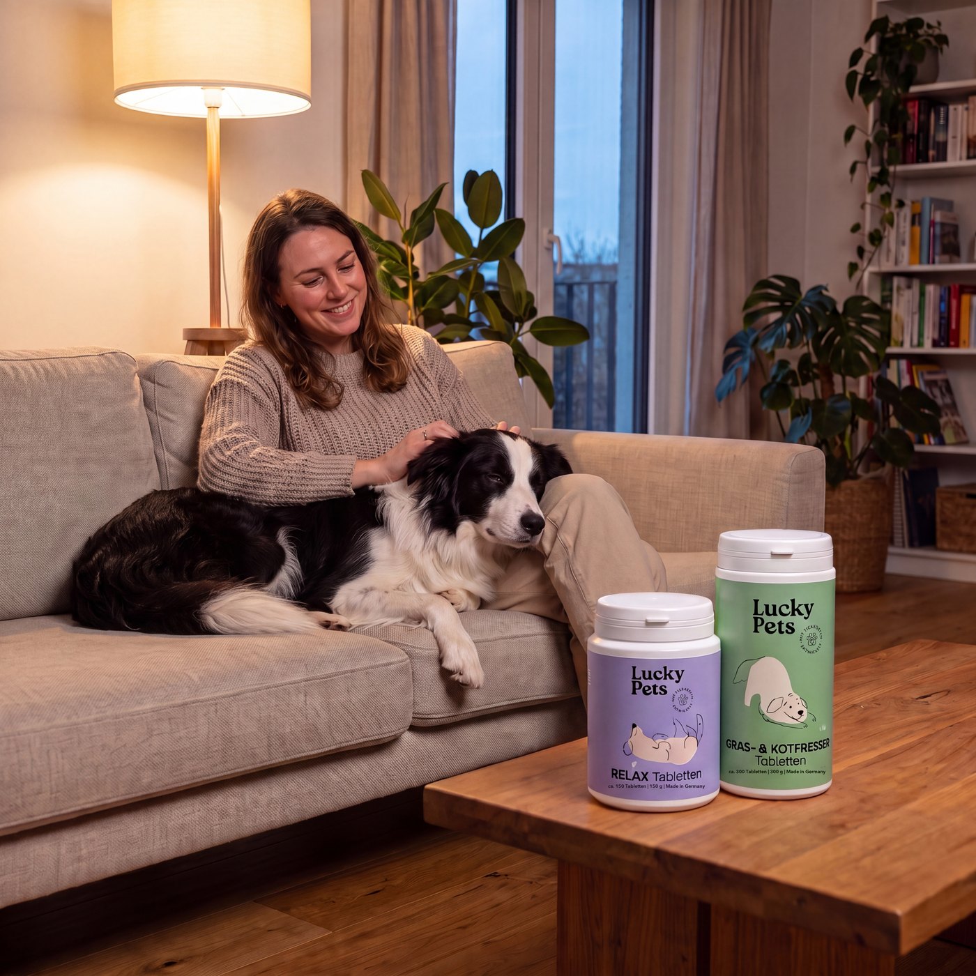 Frau sitzt abends mit ihrem Border Collie auf dem Sofa, auf dem Couchtisch stehen Relax Tabletten und Gras- & Kotfresser Tabletten