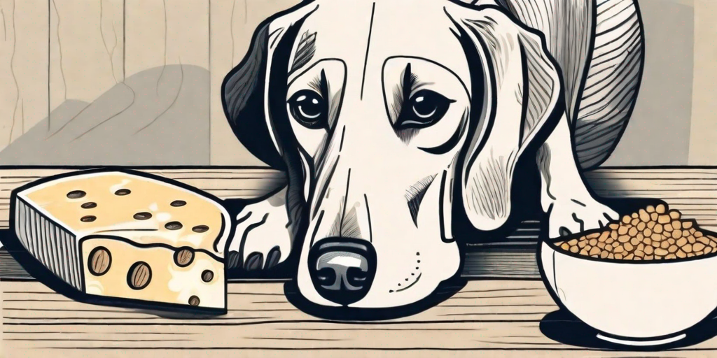 A curious dog sniffing a piece of harzer cheese on a wooden table