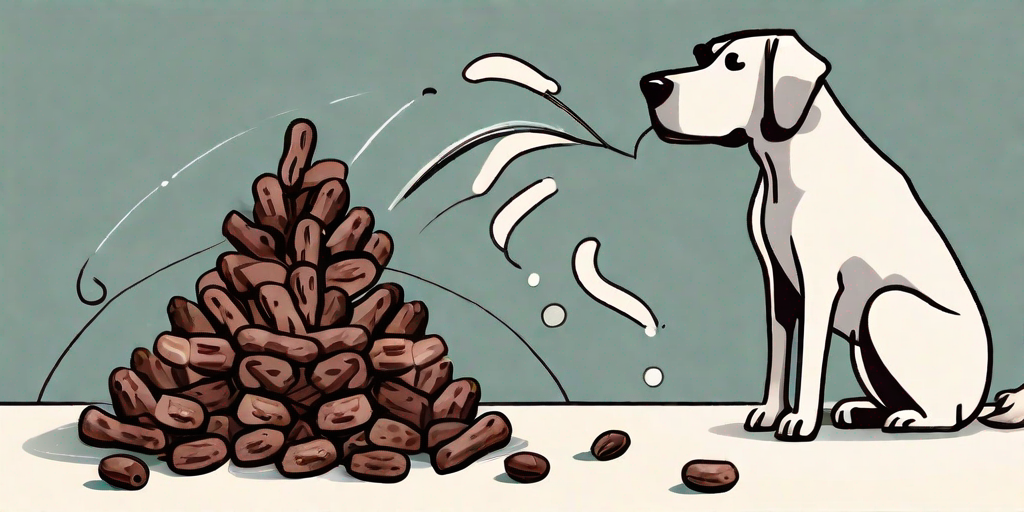 A curious dog sniffing at a pile of dates
