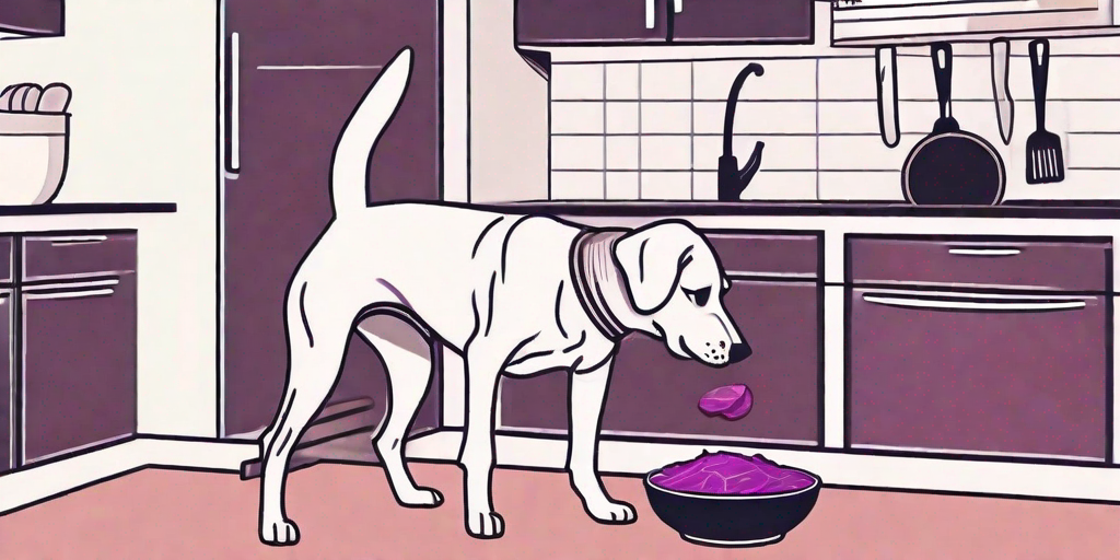 A dog curiously sniffing a large head of red cabbage on a kitchen countertop