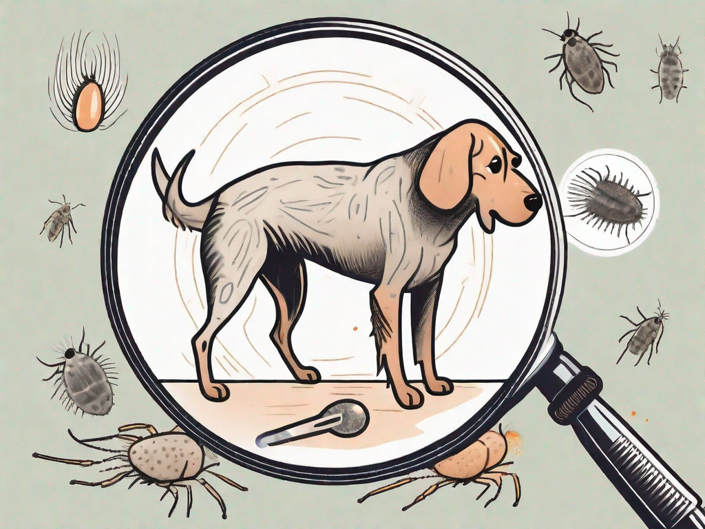 A dog scratching itself with various types of mites visible under a magnifying glass