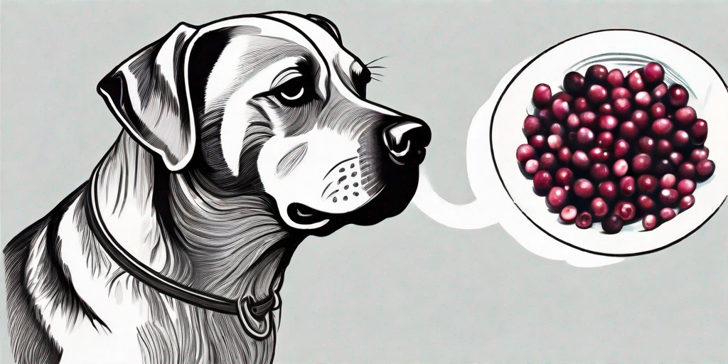A curious dog looking at a bowl of cranberries