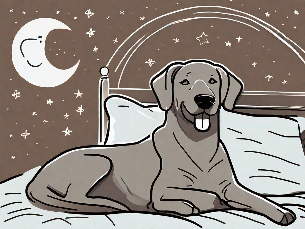 A dog lying comfortably on a bed with a moon and stars in the background