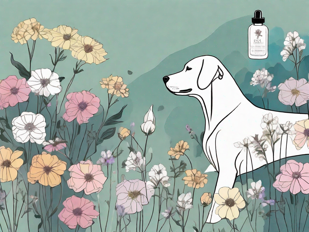 A serene dog surrounded by a variety of bach flowers