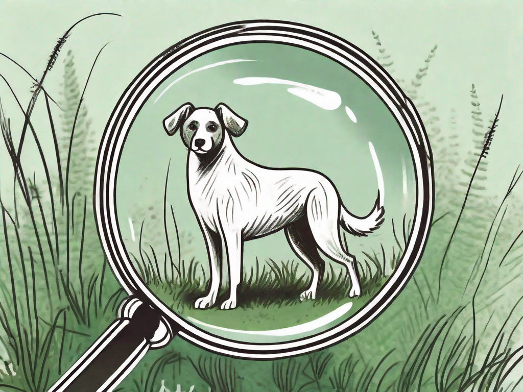 A dog in a grassy outdoor area with a magnifying glass focusing on a tick on its fur