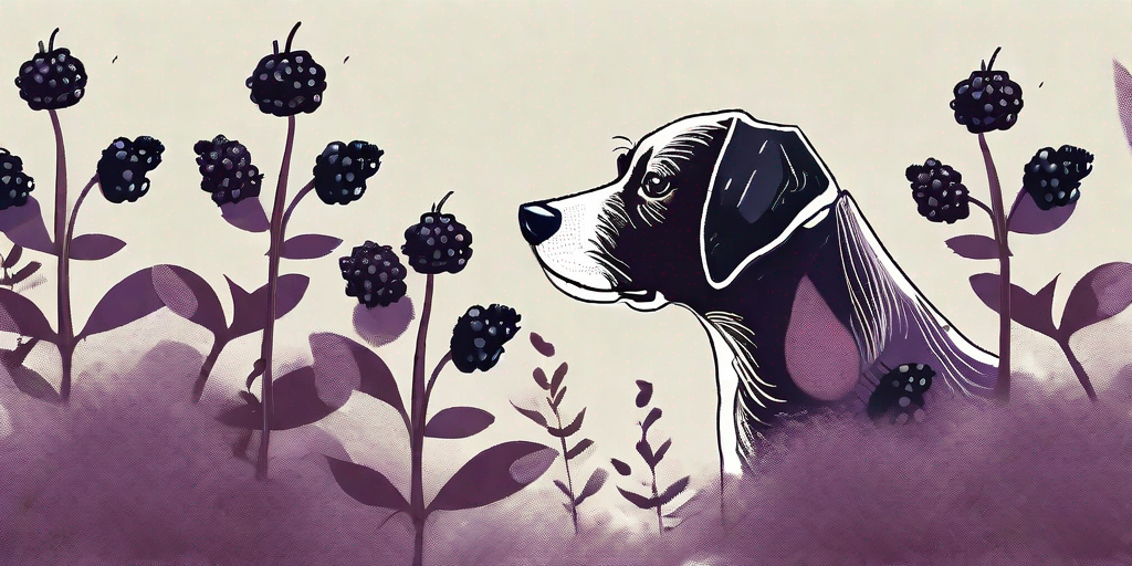 A curious dog sniffing at a bush full of ripe blackberries