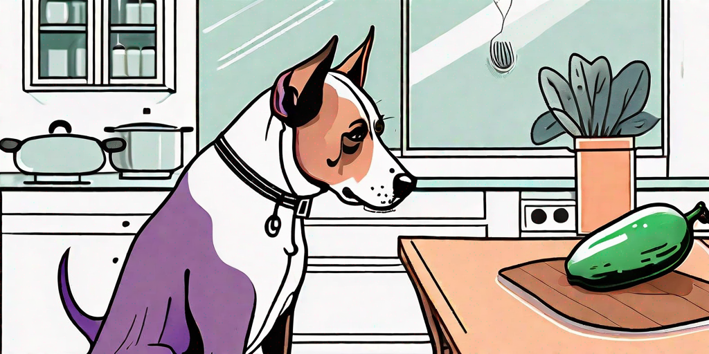 A dog curiously sniffing an eggplant on a kitchen table