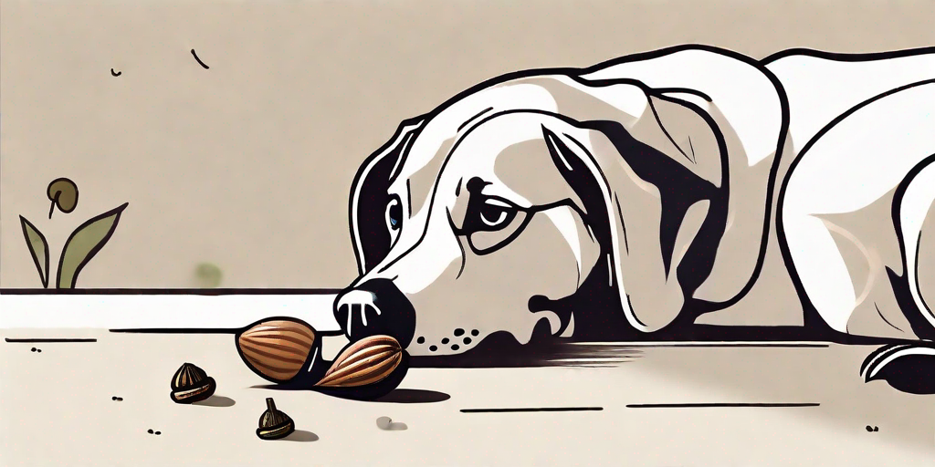 A dog curiously sniffing an acorn lying on the ground