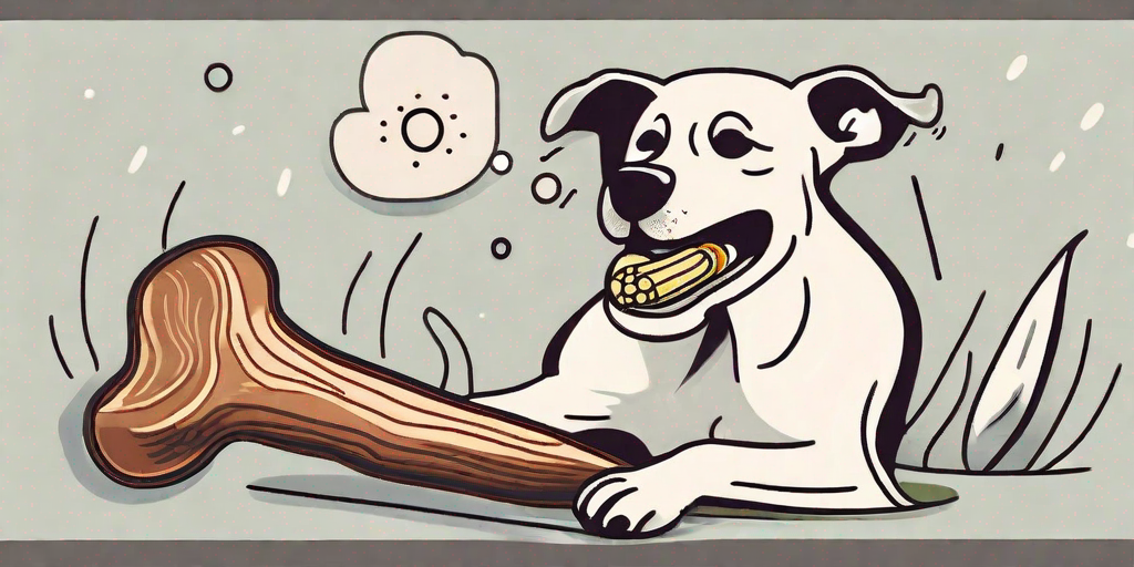 A dog chewing on a natural remedy such as a stick of rawhide or a chew toy infused with chamomile