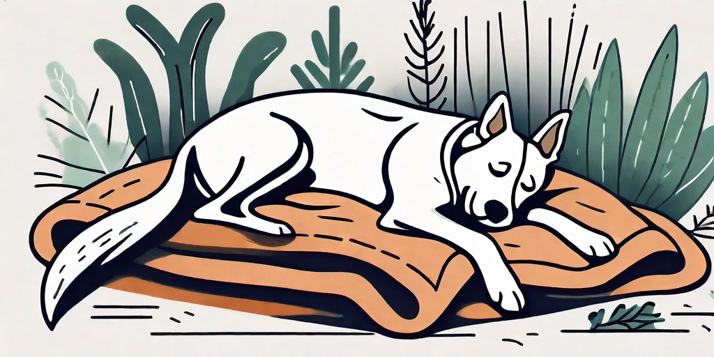 A dog comfortably resting on a cushioned surface with a warm blanket draped over its back