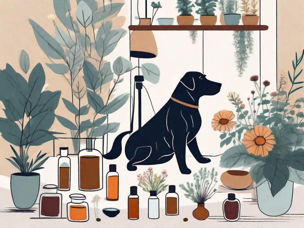 A dog sitting calmly with various homeopathic remedies like herbs and flowers around it