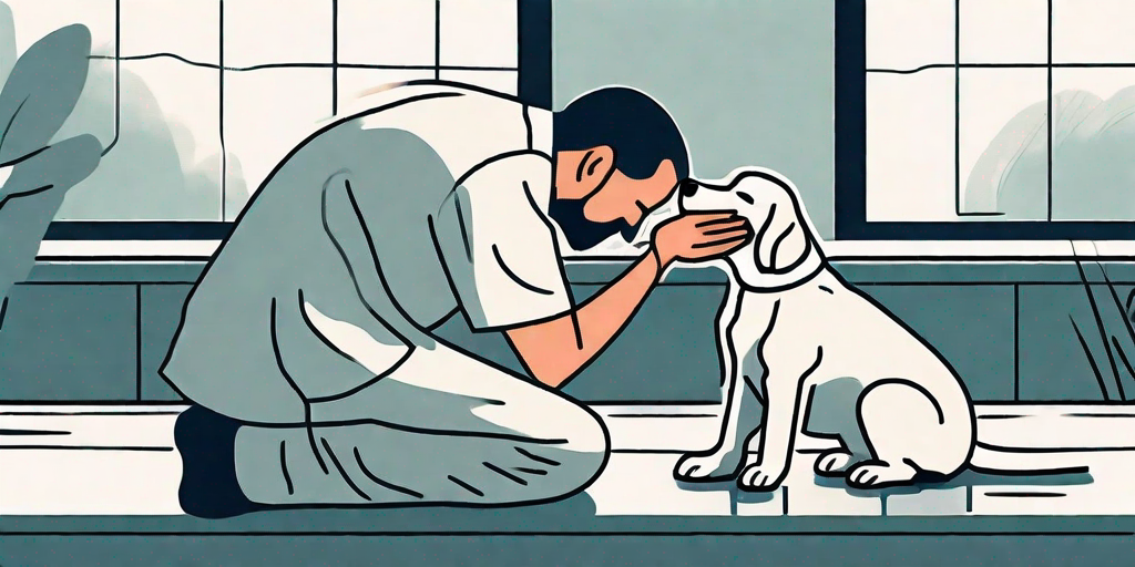 A compassionate veterinarian gently comforting a distressed dog in a peaceful