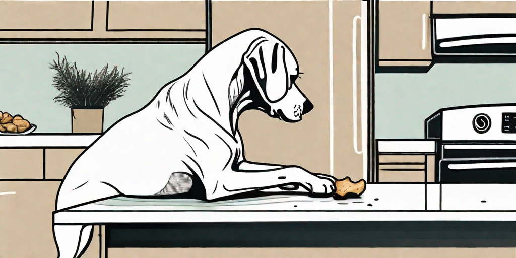 A curious dog sniffing a piece of ginger root on a kitchen counter