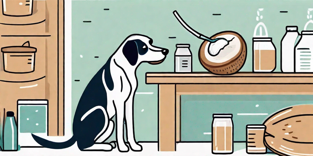 A curious dog sniffing a can of coconut milk