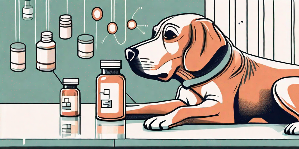 A dog next to a bottle of metronidazole pills