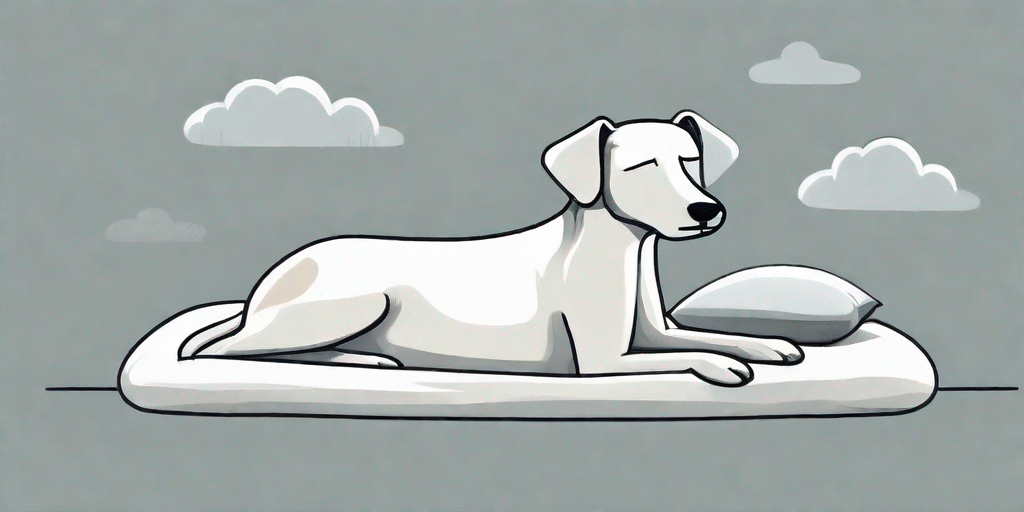 A sad-looking dog lying on a comfortable bed with a subtle symbol of lung cancer