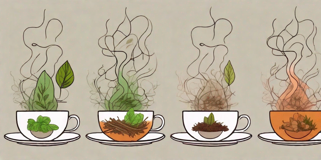 Seven different types of herbal tea leaves in teacups