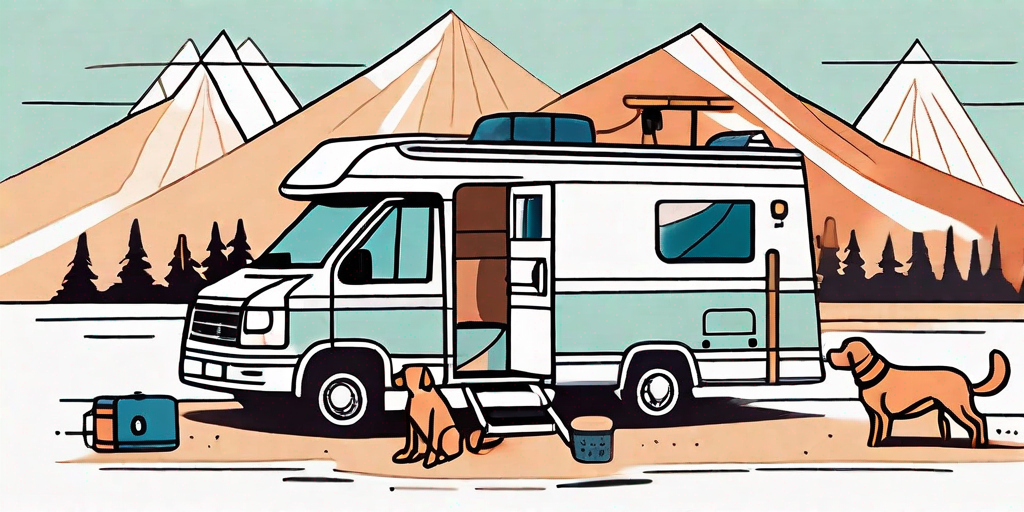 A motorhome parked in a scenic location with a dog happily peering out of the window