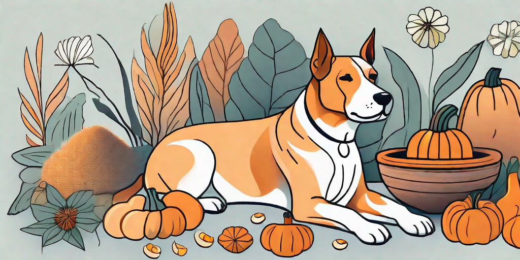 A calm dog surrounded by various natural ingredients like ginger