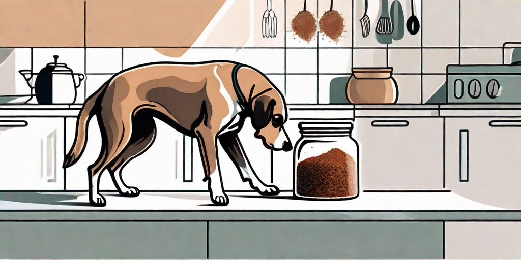 A curious dog sniffing a nutmeg spice jar on a kitchen counter