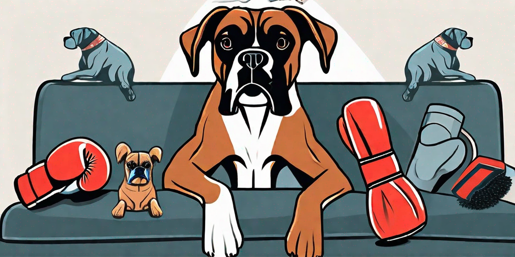 A boxer dog balancing between a set of boxing gloves and a family of toys