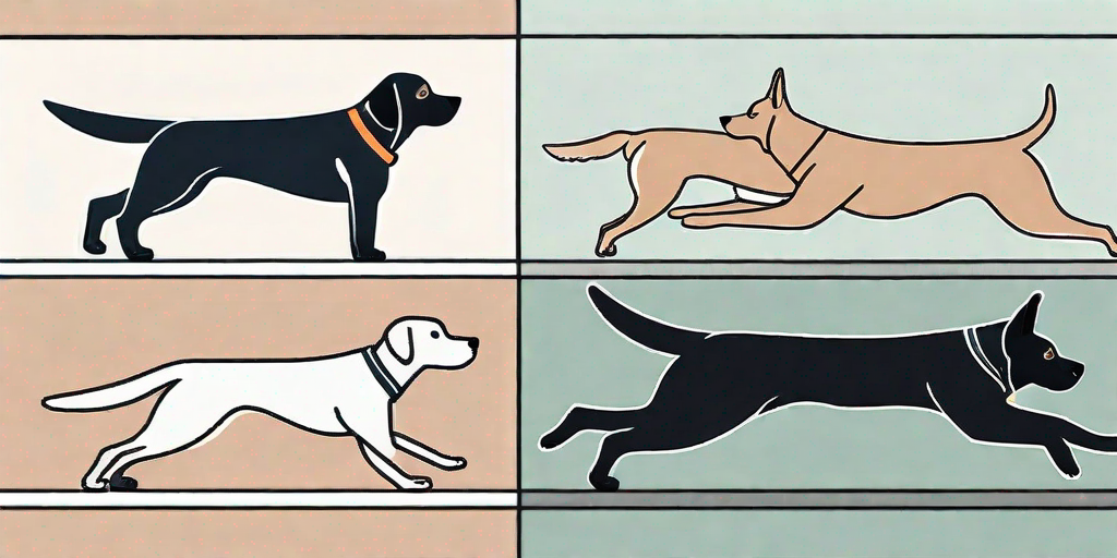 Four different dogs performing various joint-strengthening exercises like swimming