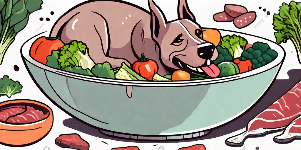 A dog happily eating from a bowl filled with horse meat