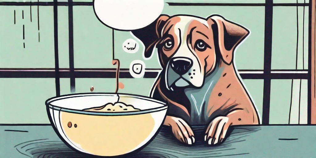 A curious dog looking at a bowl of cream