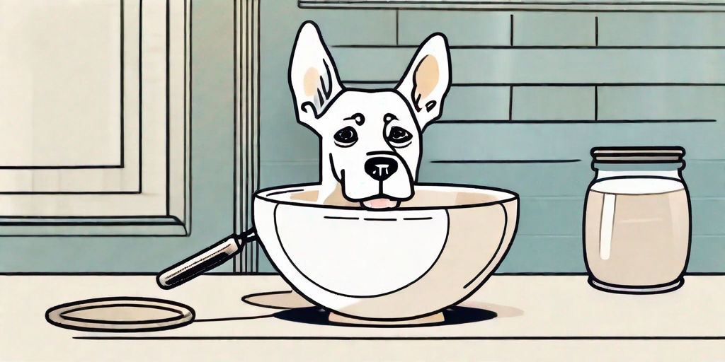 A curious dog next to a bowl of buttermilk