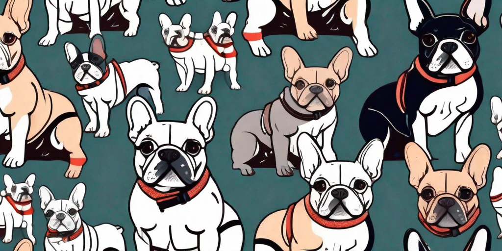 A variety of french bulldogs wearing different styles of harnesses