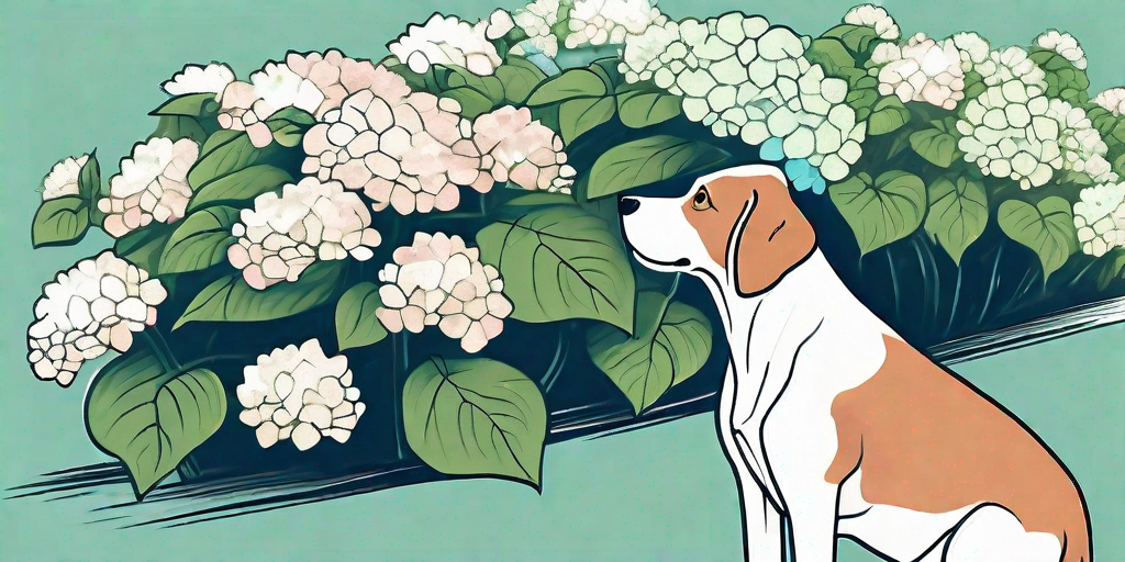 A curious dog sniffing a vibrant hydrangea bush