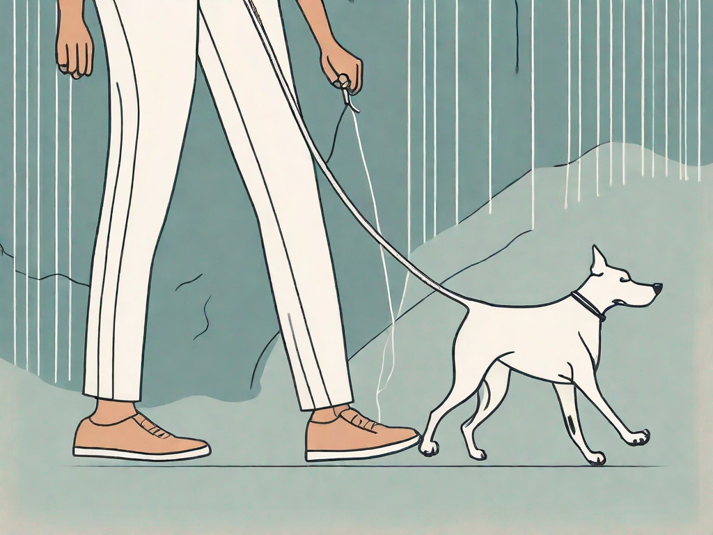 An adult dog happily walking on a loose leash beside a pair of human legs