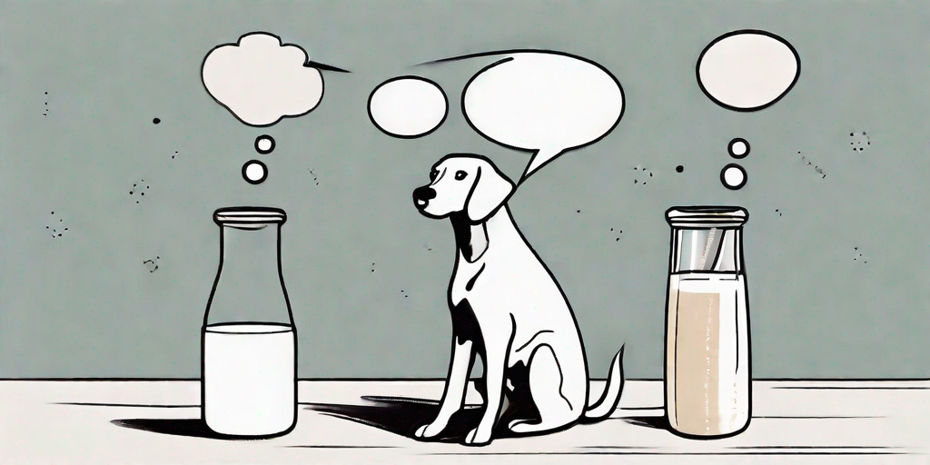 A curious dog sitting next to a glass of milk