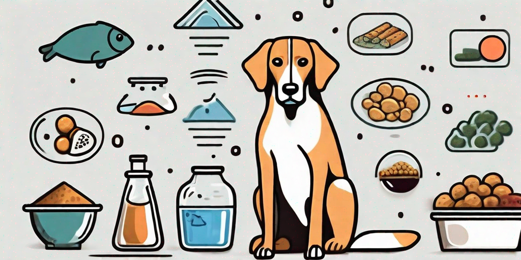 A concerned dog surrounded by simple icons representing common causes like contaminated food and water
