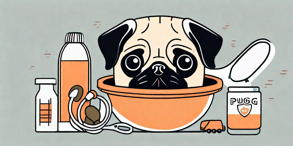 A cute pug surrounded by various items related to its care