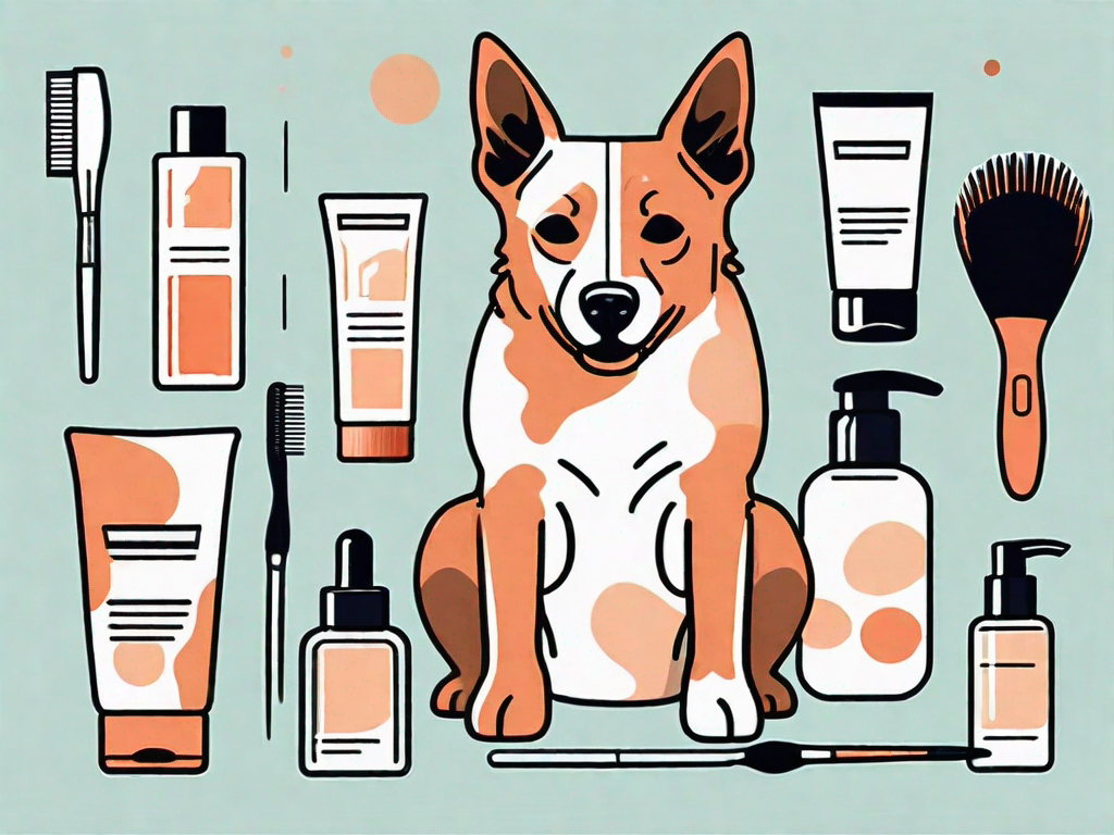 A dog receiving skincare treatment with various skincare products like a brush