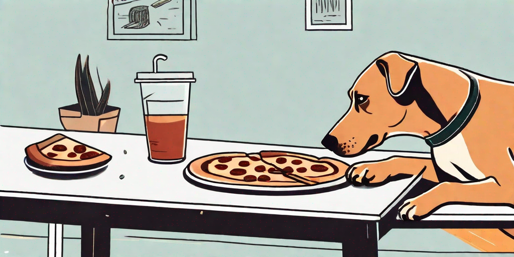 A dog looking longingly at a slice of pizza on a table