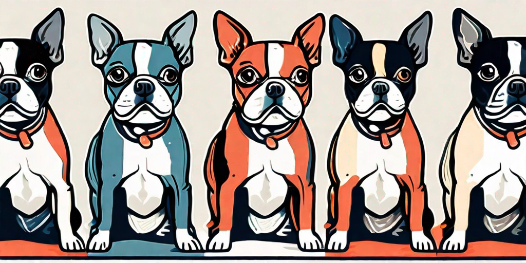 A playful boston terrier in various poses showcasing its different colors and character traits