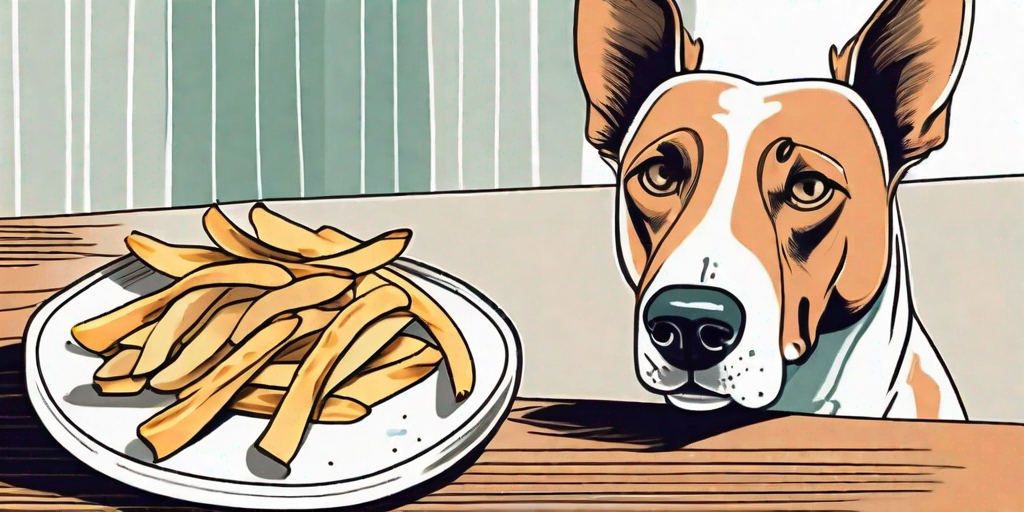 A curious dog looking at a plate of pommes (fries) on a table