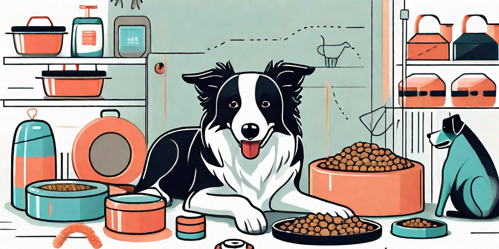 A border collie surrounded by various pet essentials like a leash