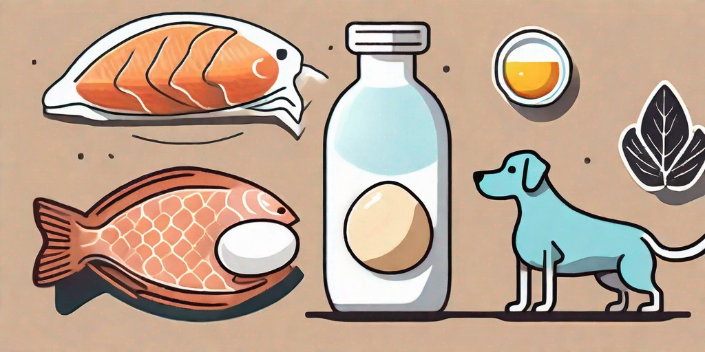 A healthy dog next to a variety of foods rich in vitamin b12
