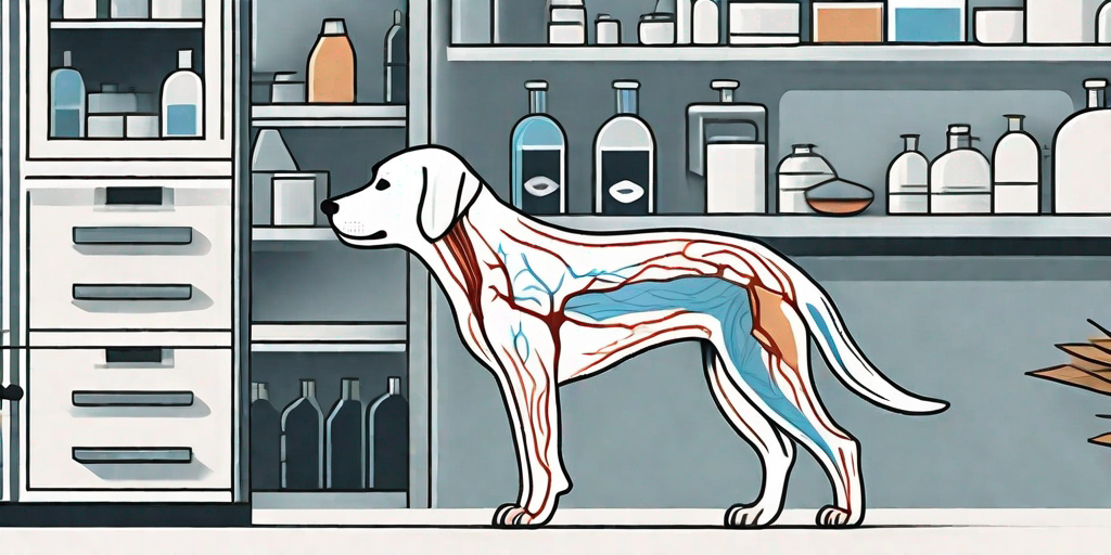 A dog in a veterinary setting with a focus on its anatomy