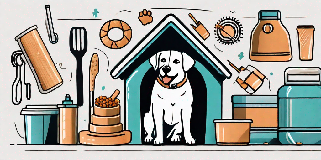 A havaneser dog surrounded by various items symbolizing expenses such as a dog house