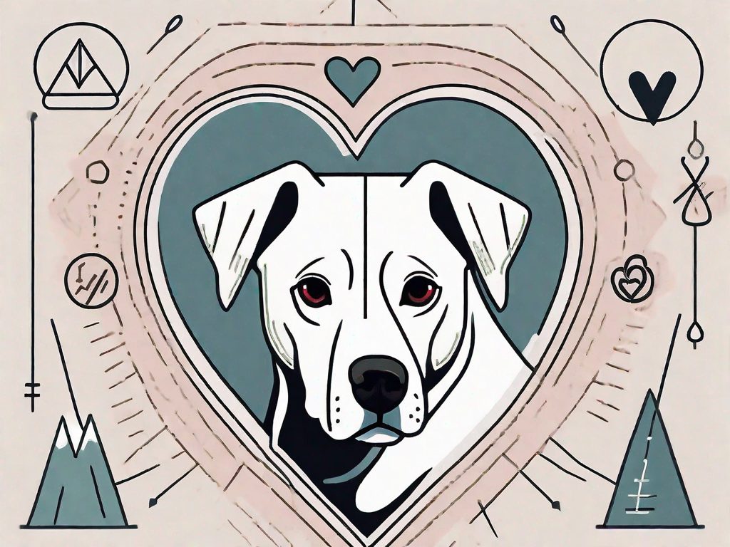A dog looking worried with a visual of a heartworm inside a heart shape