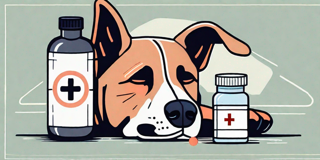 A dog peacefully sleeping next to a bottle of phenobarbital pills