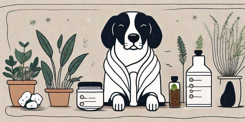 A dog surrounded by various natural remedies like herbs
