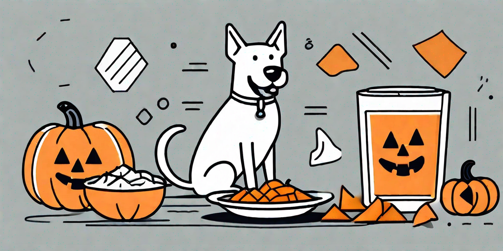 A dog happily eating a piece of pumpkin with a bowl of pumpkin pieces nearby
